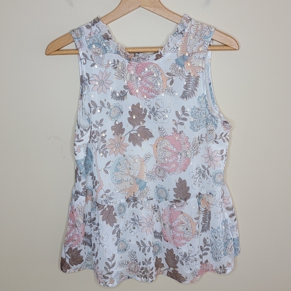 LOFT Floral & Metallic Polka Dot Peplum Tie Back Tank Blouse Size XS